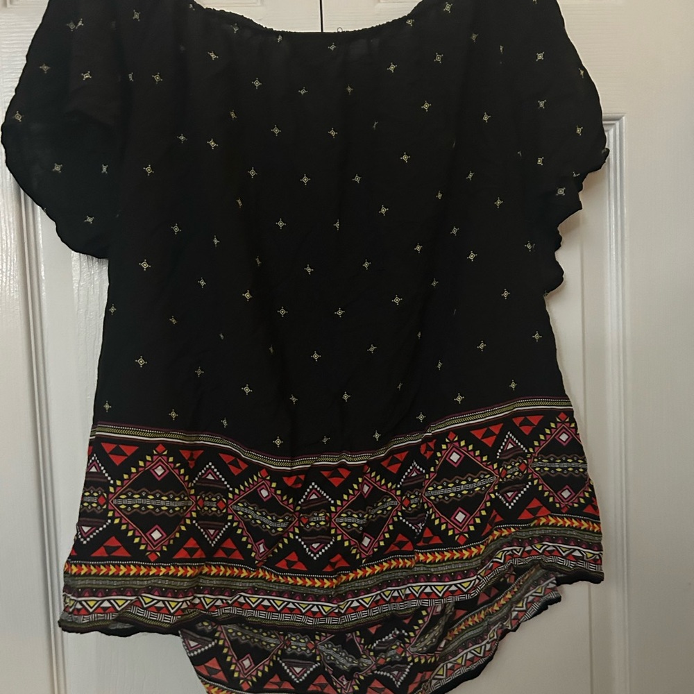 Torrid Black Top with Colorful Geometric Hem